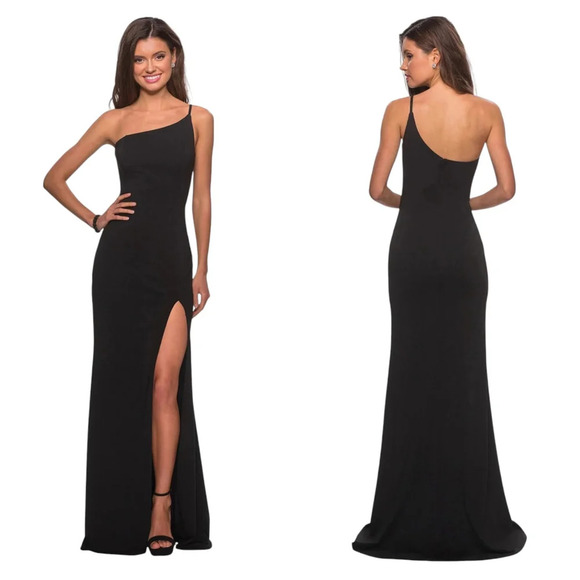 La Femme One Shoulder Simple Prom Jersey Dress with High Slit Black Sz 2 - Picture 1 of 11